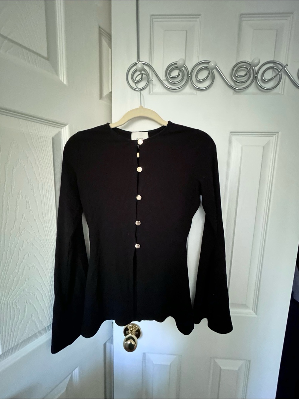 Reformation Verne Black Long-Sleeve Gold Button Knit Top